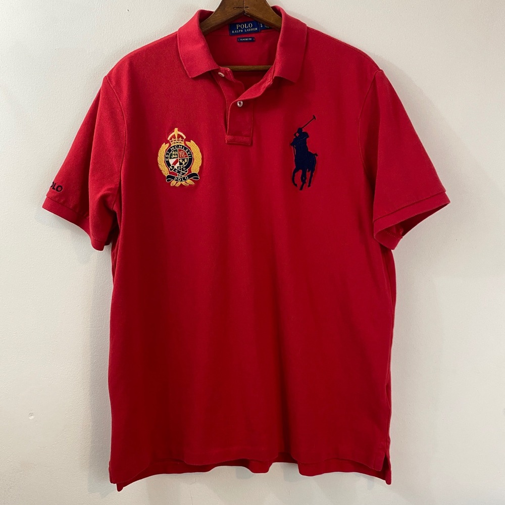 Polo Ralph Lauren Men's Red Polo Shirt Large Big Pony Navy Logo Crest Patch